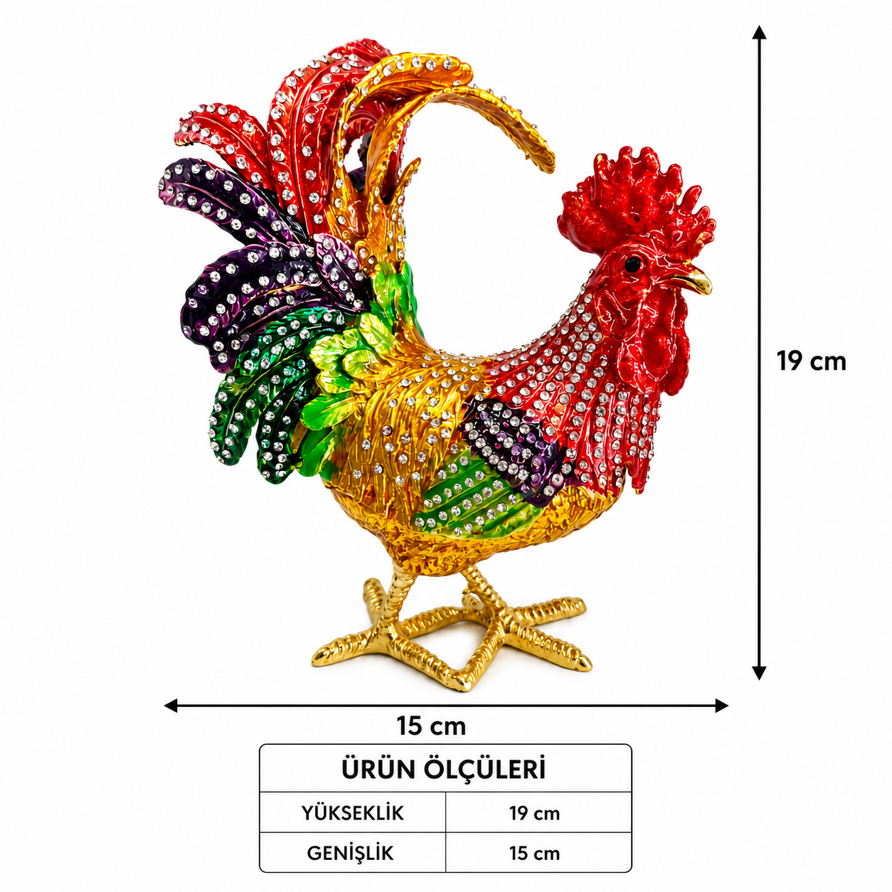 Kristal Taşlı Horoz Biblo Battal Boy 19x15 cm | Dekoratif Masaüstü Süsü | Şans, Bereket ve Güç Sembolü | Hediyelik Ev & Ofis Dekoru