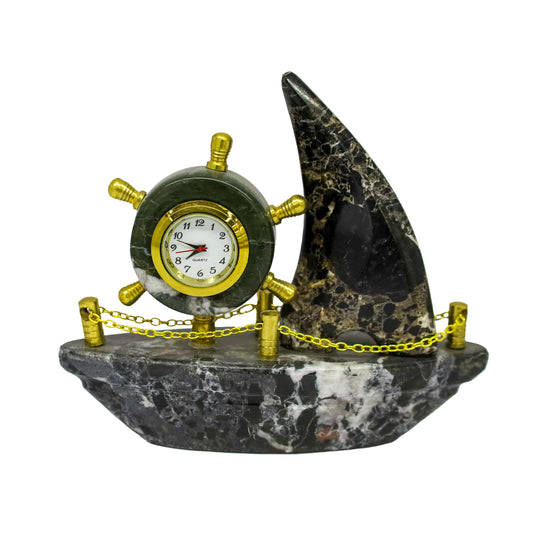 Oniks Doğal Taş Vapur Masa Saati - El Yapımı Deniz Temalı Dekoratif Saat