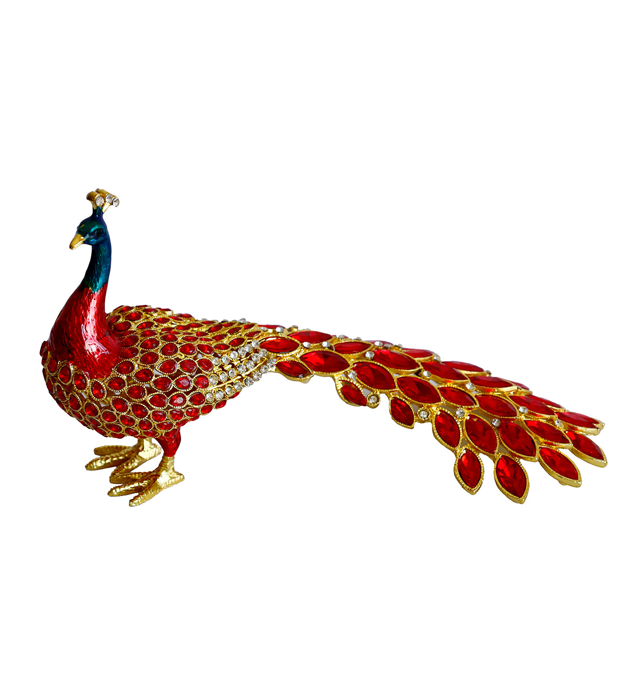 Kristal Taşlı Tavus Kuşu Biblo ve Mücevher Kutusu – 12x22x9 cm, Hediyelik Dekoratif Figür