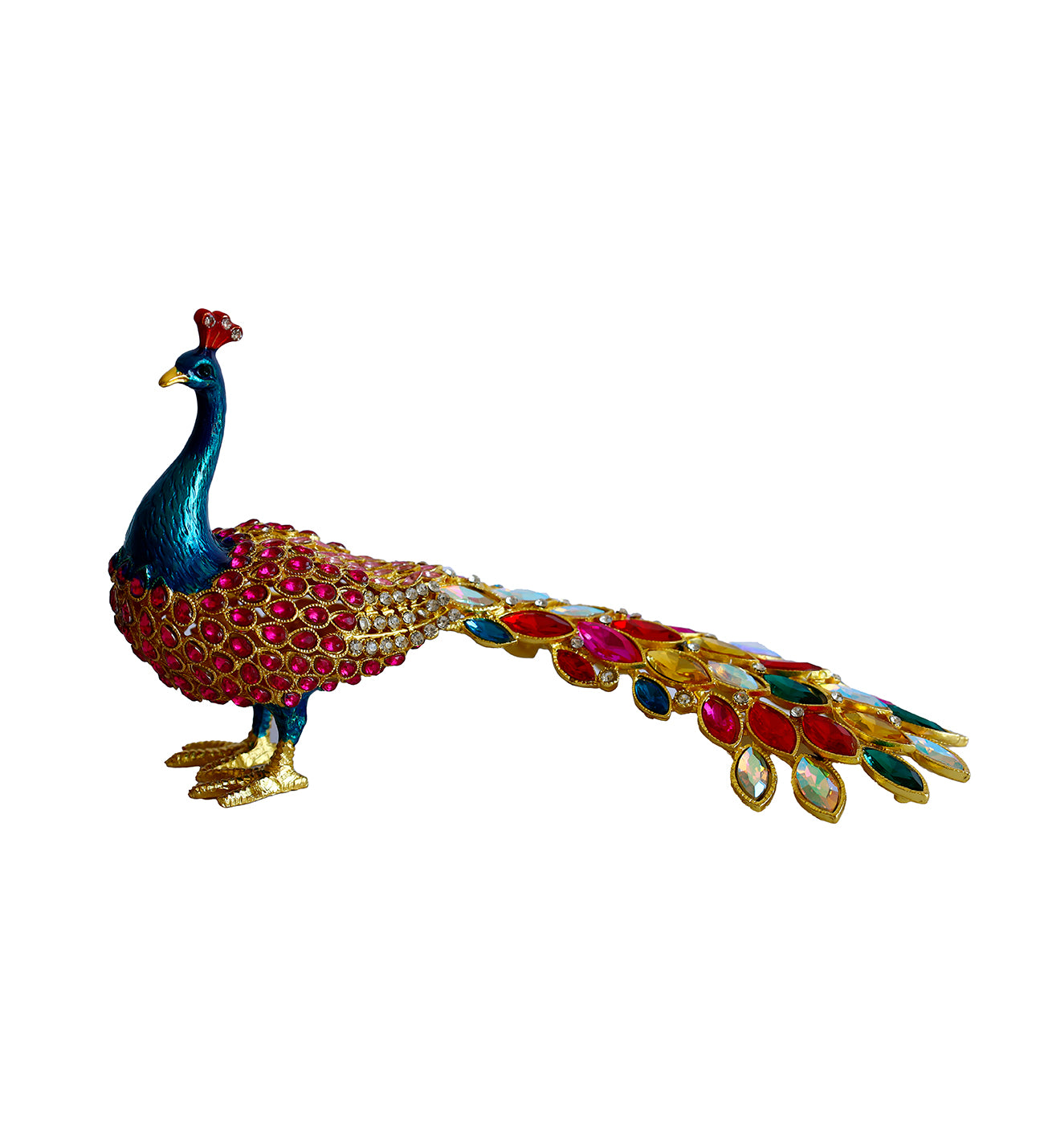 Kristal Taşlı Tavus Kuşu Biblo ve Mücevher Kutusu – 12x22x9 cm, Hediyelik Dekoratif Figür