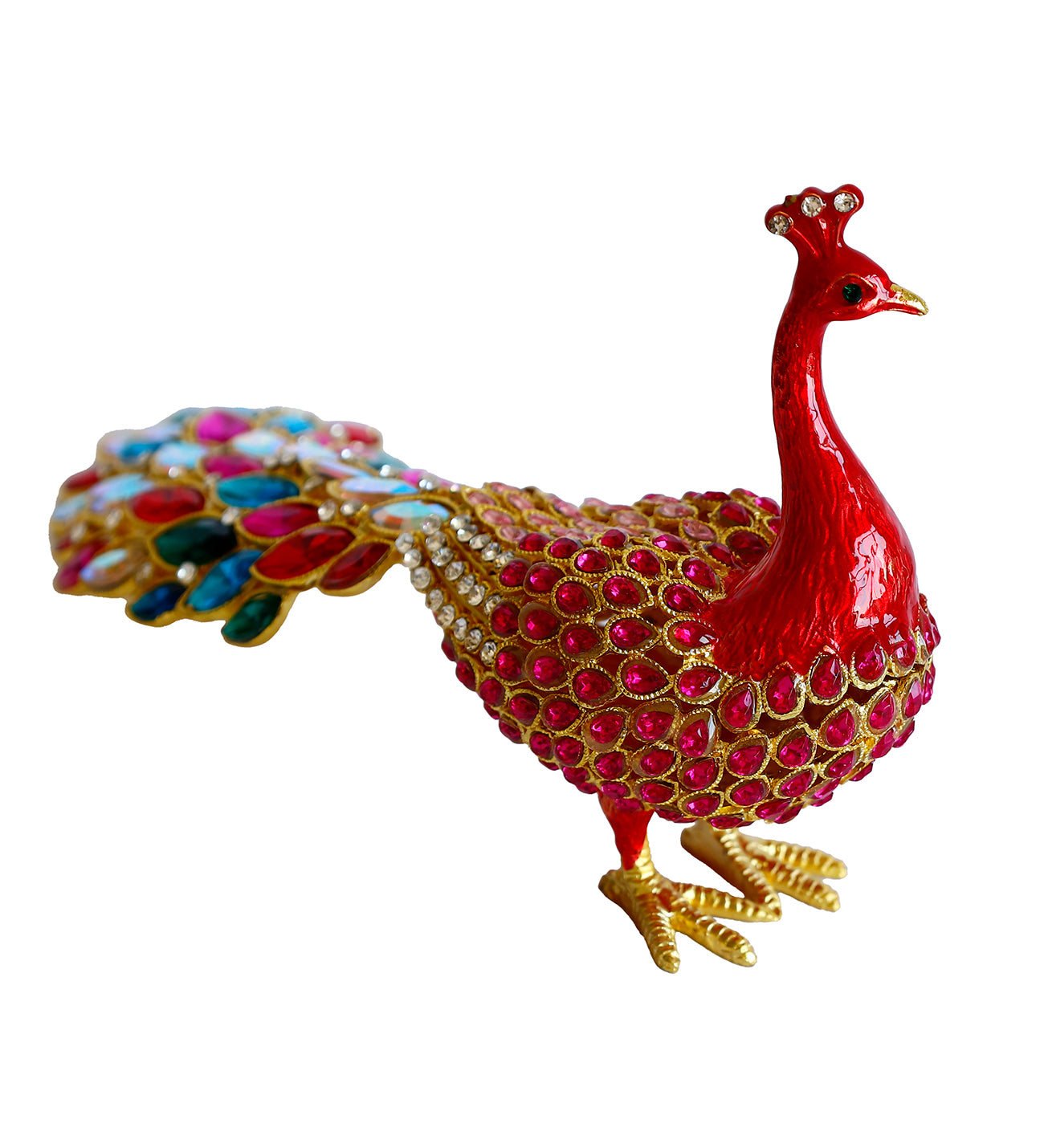 Kristal Taşlı Tavus Kuşu Biblo ve Mücevher Kutusu – 12x22x9 cm, Hediyelik Dekoratif Figür
