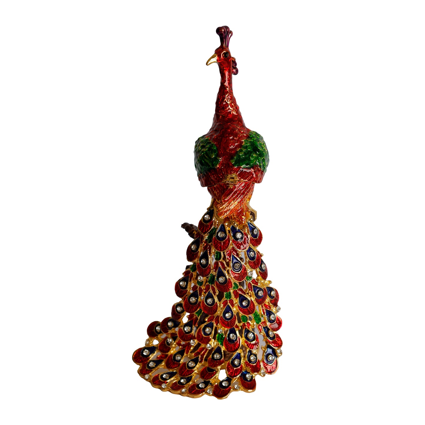 Kristal Taş İşlemeli Metal Tavus Kuşu Biblo – Ağaç Üzerinde Dekor – 18x9 cm
