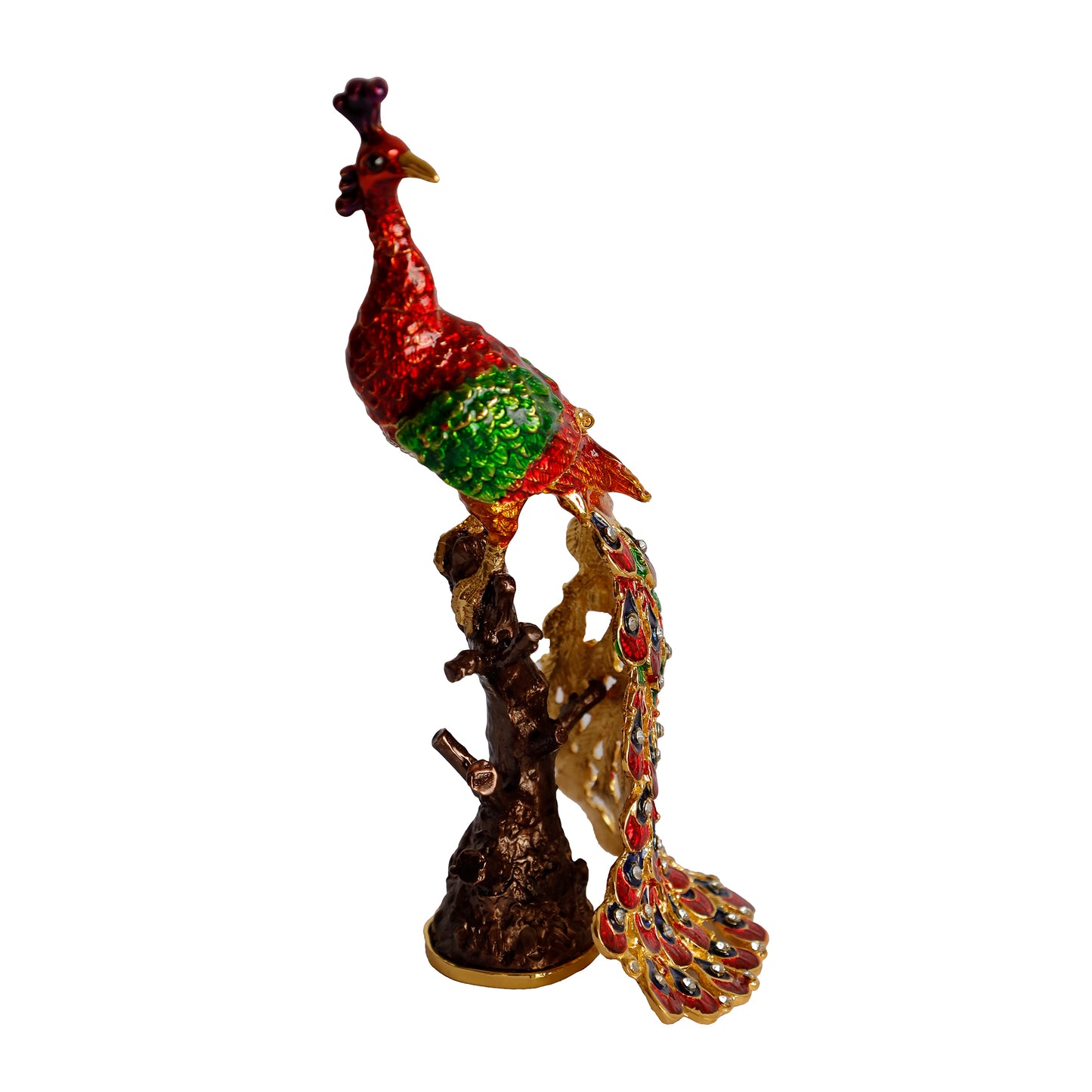 Kristal Taş İşlemeli Metal Tavus Kuşu Biblo – Ağaç Üzerinde Dekor – 18x9 cm