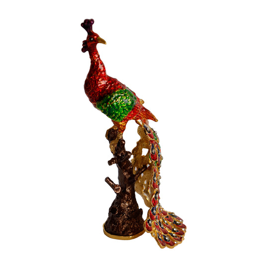 Kristal Taş İşlemeli Metal Tavus Kuşu Biblo – Ağaç Üzerinde Dekor – 18x9 cm