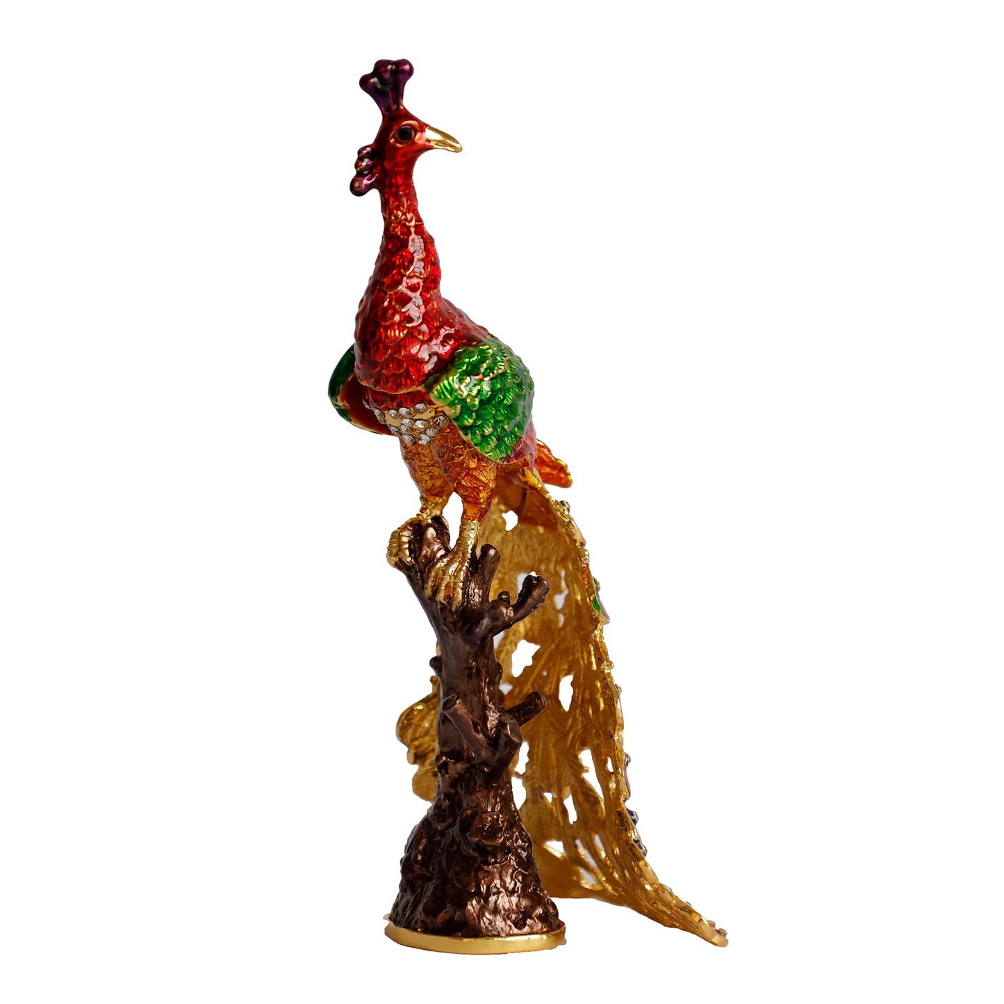 Kristal Taş İşlemeli Metal Tavus Kuşu Biblo – Ağaç Üzerinde Dekor – 18x9 cm