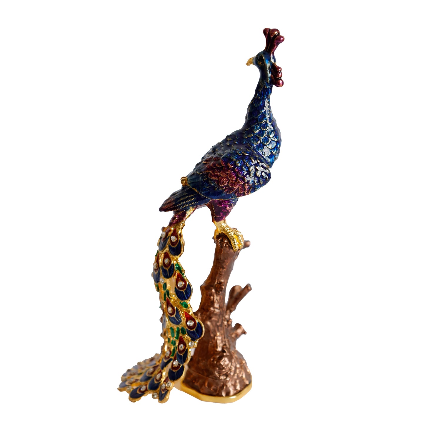 Kristal Taş İşlemeli Metal Tavus Kuşu Biblo – Ağaç Üzerinde Dekor – 18x9 cm
