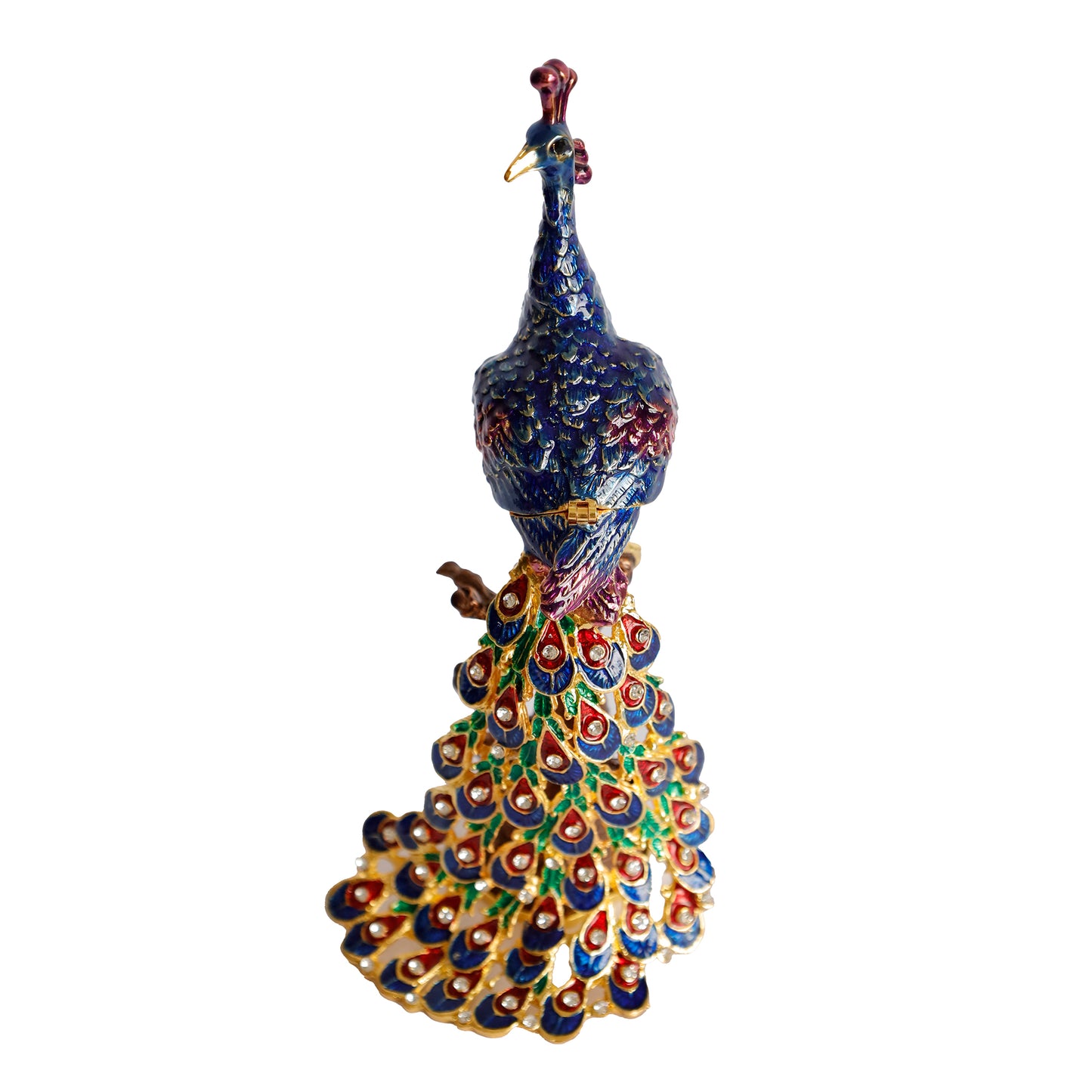 Kristal Taş İşlemeli Metal Tavus Kuşu Biblo – Ağaç Üzerinde Dekor – 18x9 cm