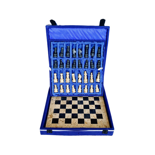 Doğal Siyah Oniks ve Fosilli Taş Satranç Takımı - El Yapımı 38x38 cm Dekoratif Taş Satranç Seti