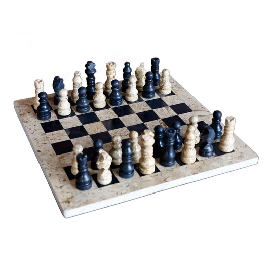 Doğal Siyah Oniks ve Fosilli Taş Satranç Takımı - El Yapımı 38x38 cm Dekoratif Taş Satranç Seti (Kutu Dahil)