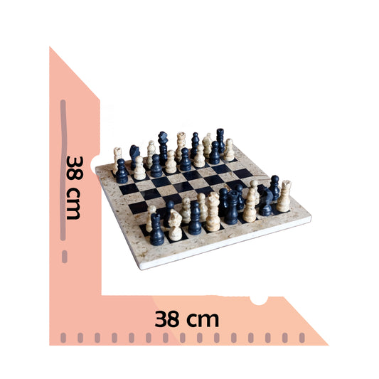 Doğal Siyah Oniks ve Fosilli Taş Satranç Takımı - El Yapımı 38x38 cm Dekoratif Taş Satranç Seti