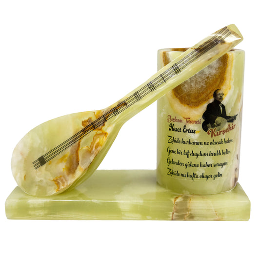 Handmade Poet's Lute Decorative Object with Desk Pen Holder from Onyx Veined Agate Stone – Natural Stone Office Gift