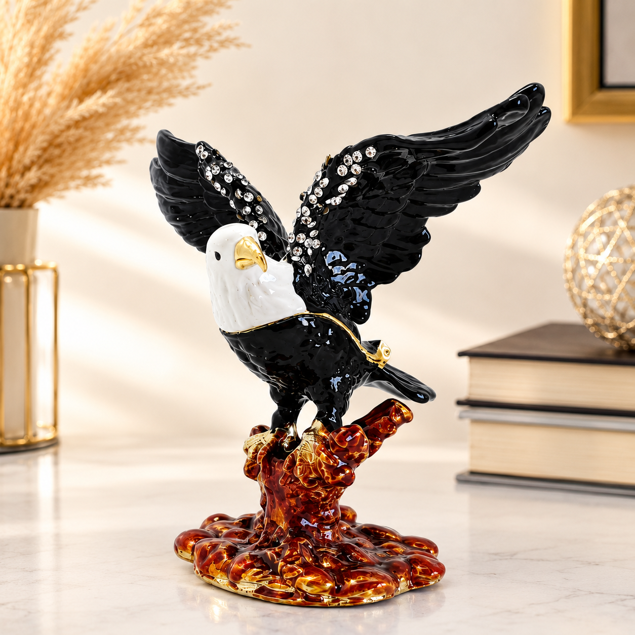 Kristal Taş İşlemeli Kartal Biblo 9 cm – Dekoratif Metal Kartal Heykeli | Kırmızı, Siyah, Gümüş Renk Seçenekleri