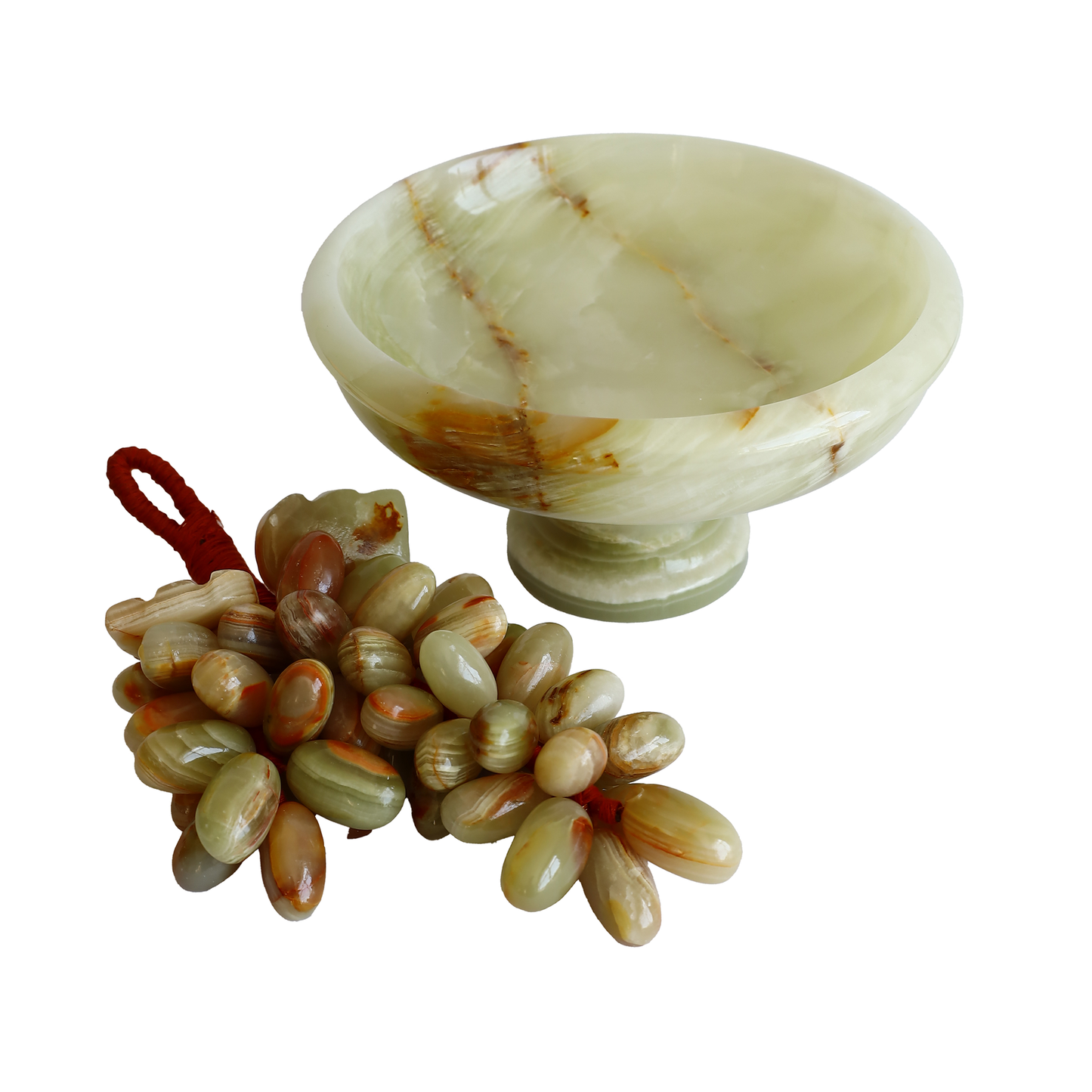 Onyx Natural Stone Grape Set with 6'' Footed Bowl and 50 Grapes. Handmade, Feng Shui Decor