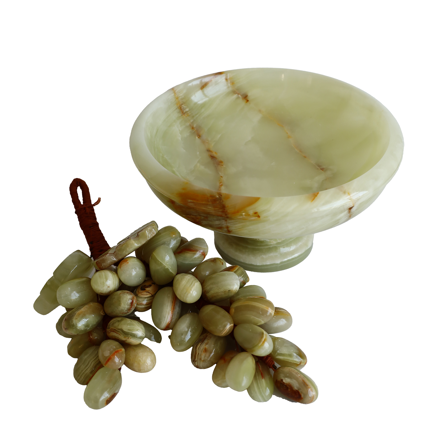 Onyx Natural Stone Grape Set with 6'' Footed Bowl and 50 Grapes. Handmade, Feng Shui Decor